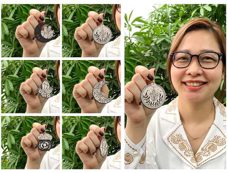 May include: A set of six wooden ornaments featuring different designs, including a crescent moon, a crystal, and a floral motif. The ornaments are painted black and white and have a delicate, intricate design.