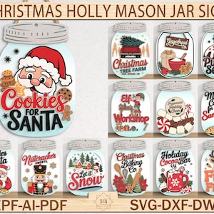 Christmas Holly Mason Jar Sign, North Pole Mason Jar Sign Door hanger, Glowforge laser file,Holiday Decor for Glowforge xTool Cricut