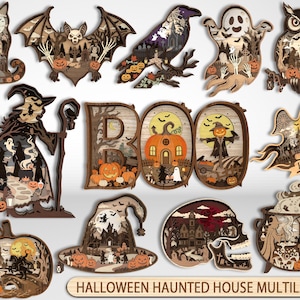 Può includere: Una collezione di decorazioni di Halloween in legno a strati con sagome di gatto, pipistrello, corvo, fantasma, gufo, strega, teschio e calderone. Al centro la scritta BOO con motivi di zucche e spaventapasseri. Ogni pezzo ha dettagli intagliati.