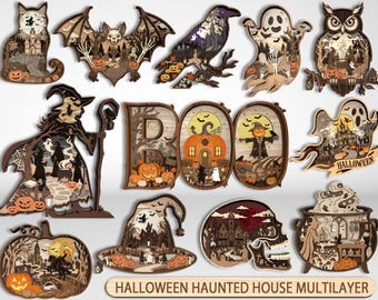 Halloween Haunted House Multilayer Laser Cut File, Horror Skulls Multilayer, Spooky Witch and Werewolf Decor, Glowforge Files
