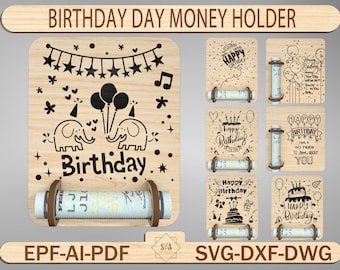 May include: A set of six digital cut files for a birthday money holder. Each design features a different birthday greeting and illustration, including elephants, balloons, cake, and candles. The files are available in EPF, AI, PDF, SVG, DXF, and DWG formats.