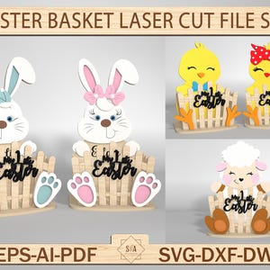 Archivo Svg de corte láser de canasta de Pascua, Svg de canasta de conejito de Pascua, diseño de oveja de Pascua para corte láser, decoración de Pascua, diseño de conejito Glowforge
