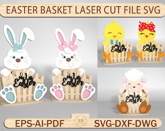 Easter's Day Basket Laser Cut File Svg, Easter Bunny Basket Svg,Easter Sheep Design For Laser Cut,Easter Decoration, Bunny Design Glowforge