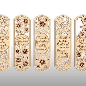 May include: Five wooden bookmarks with floral cutouts and inspirational quotes. The quotes include "Your word is a lamp to my feet," "The Lord bless you and keep you," and "God is our refuge and strength."