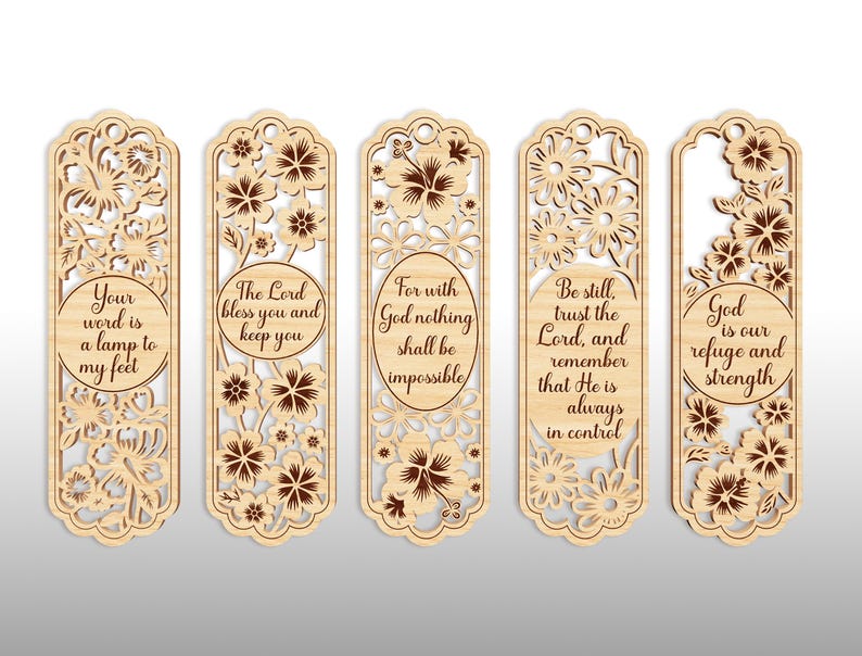 May include: Five wooden bookmarks with floral cutouts and inspirational quotes. The quotes include "Your word is a lamp to my feet," "The Lord bless you and keep you," and "God is our refuge and strength."