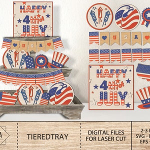 4 juillet décorations Svg, United States Flag Tiered Tray Glowforge Laser Cut Files, Red White And Blue Tiered Tray Decor Svg, Digital File