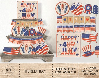 4th of July Decorations Svg, United States Flag Tiered Tray Glowforge Laser Cut Files, Red White And Blue Tiered Tray Decor Svg,Digital File