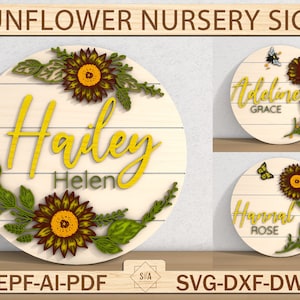 3D Sonnenblume Kinderzimmer Namensschild, Sonnenblume 3D Holzschild, Mädchen-Kinderzimmer-Dekor, Kinderzimmer Wandkunst, Holz Baby Namensschild, Glowforge Laser Cut-Datei