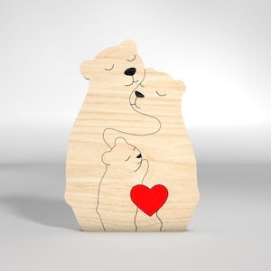 May include: Wooden cutout of two bears hugging with a red heart in the center. The bears are outlined in black and have black eyes.