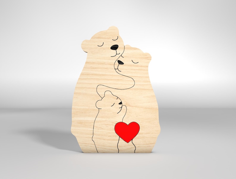 May include: Wooden cutout of two bears hugging with a red heart in the center. The bears are outlined in black and have black eyes.