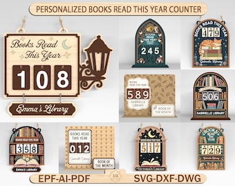Paquete SVG personalizado de "Libros leídos este año", rastreador de lectura de libros personalizados, archivos cortados con láser para estanterías, archivos SVG Glowforge