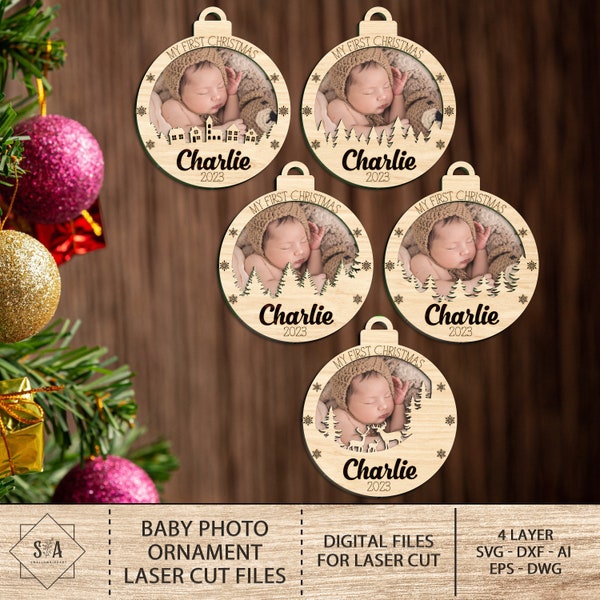 Personalizado bebé primer adorno de Navidad svg, bebé foto adorno archivos cortados por láser, adorno de Navidad svg, archivos SVG Glowforge, digital