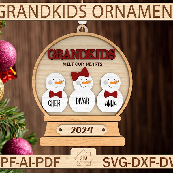 Personalized Grandkids Ornament 2024 Svg,Grandkids Melt Our Hearts Svg,Family Christmas Ornament Svg, Snowman Christmas ,Glowforge SVG Files