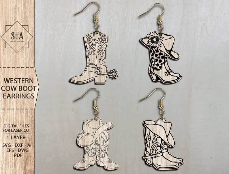May include: Four pairs of laser cut western cowgirl boot earrings. Each pair features a boot with a cowboy hat on top. The boots are detailed with stitching and a spur. The earrings are made of wood and have a gold finish.