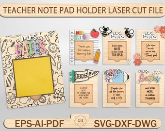 Teacher Note Pad Holder Laser Cut File, Scored Teacher Sticky Note Holder, Teacher Appreciation SVG, Teacher Gift Laser Files, Glowforge