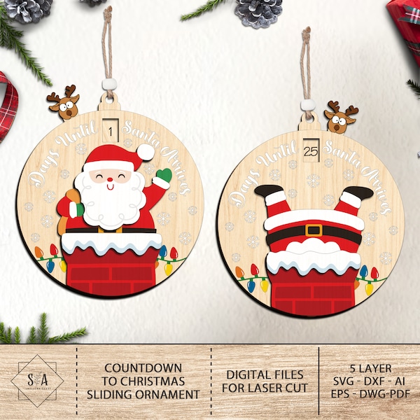 Santa Claus Countdown to Christmas Sliding Ornament Svg, Christmas Countdown Calendar svg, Christmas Reindeer Ornament, Glowforge svg files