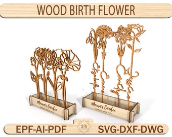 Fichiers découpés au laser fleur de naissance en bois, jardin de grand-mère, cadeau fête des mères, cadeau fleur de naissance, nom fleur de naissance, fleur de naissance jardin de maman Svg