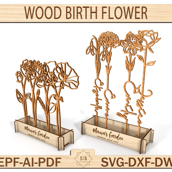 Wood Birth Flower Laser Cut Files Svg,Grandmas Garden,Mother‘s Day Gift, Birth Flower Gift, Name Birth Flower, Birth Flower Mom‘s Garden Svg