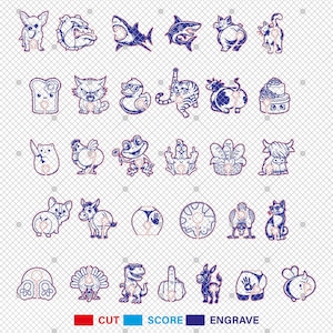 May include: A collection of various animal and object designs, including a dog, shark, cat, pig, and more. The designs are in blue and red, with cut, score, and engrave lines visible. The image is on a grid background.