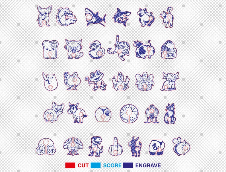 May include: A collection of various animal and object designs, including a dog, shark, cat, pig, and more. The designs are in blue and red, with cut, score, and engrave lines visible. The image is on a grid background.