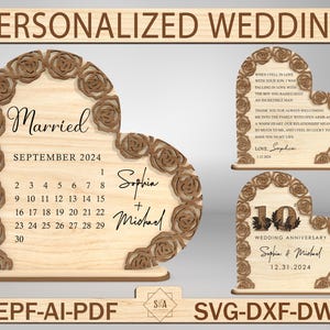 Calendario de bodas personalizado cortado con láser Svg, calendario de bodas Svg, regalo de bodas para pareja, regalo de la novia, regalo de la madre del novio