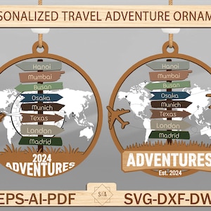2024 ornement d'aventure de voyage personnalisé Svg, personnaliser la destination de voyage, voyage autour du monde fichier découpé au laser Svg, cintre en bois