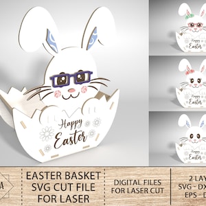 Cesta de coelhinho da Páscoa Svg, decoração de Páscoa cortada a laser, cesta de feliz Páscoa Svg, design de cesta de coelhinho da Páscoa para corte a laser, corte a laser Glowforge