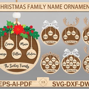 Adorno navideño con nombre para familia de 3 a 9 años en formato SVG, nombre de familia personalizado en formato SVG, adorno navideño en formato SVG, regalo de Navidad, archivos SVG de Glowforge