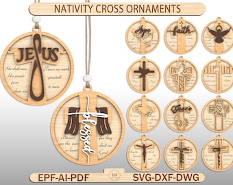 May include: Wooden Nativity cross ornaments with various designs. One features "Jesus" and related text. Others include "Hope", "Faith", and an angel. The ornaments are round with a cross design and text. The text includes phrases like "Blessed" and "Peace on earth."