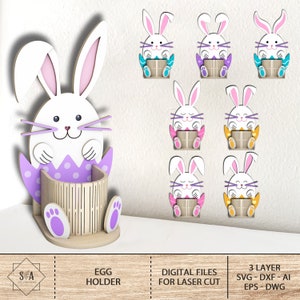 Soporte de huevo de conejito de Pascua ornamento svg, soporte de huevo de conejito de Pascua svg, soporte de soporte de huevo organizador, soporte de pluma, soporte de Pascua svg, láser Glowforge