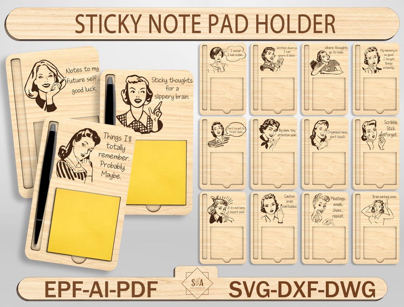 May include: A wooden sticky note pad holder with a pen slot and a variety of retro-style illustrations and text. The text includes phrases like "Notes to my future self, good luck" and "Sticky thoughts for a slippery brain".