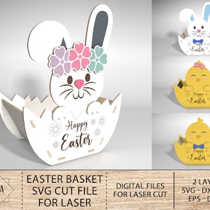 Felice cestino di Pasqua Svg, design del cestino del coniglietto pasquale per il taglio laser, cestino del coniglietto pasquale in formato Svg, taglio laser della decorazione pasquale, taglio laser Glowforge