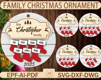 Ornement de Noël familial en bois personnalisé 2024 Svg, Svg d'ornement de Noël famille, décoration de Noël, cadeaux de Noël Svg, fichiers SVG Glowforge