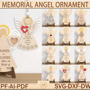 May include: Wooden memorial angel ornaments with various designs. Each angel features a unique message, heart accents, and decorative details. The text "HEAVEN is CLOSER when we think of YOU" is visible on one. The ornaments are displayed on wooden stands.