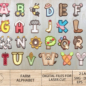 Farm Alphabet Bundle SVG , Alphabet Laser Cut Files , Lettres Farm Baby , Lettre Monogrammes, Animaux de ferme Glowforge