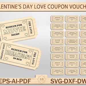 Cupones de amor para el día de San Valentín SVG, plantilla de cupón de amor, archivo cortado con láser, fichas de boletos para el día de San Valentín, cupón Glowforge