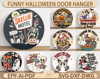 Divertido colgador de puerta de Halloween SVG, divertido letrero de esqueleto de Halloween SVG, letrero de bienvenida de Halloween, moderno colgador de puerta de Halloween, archivo cortado con láser