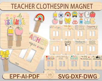 Teacher Appreciation Gifts, School Laser Designs, Teacher Clothespin Magnet Laser File, Teacher SVG,  Pencil, Apple Magnets, Laser cut file