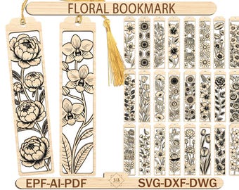 Floral Bookmark SVG Laser Cut Files – Botanical Woodmark Designs – Flower Engraved Bookmarks for Glowforge, Cricut, Laser Cutting