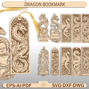 May include: A collection of intricately carved wooden dragon bookmarks. The bookmarks feature various dragon designs, some with the text "Fueled by Books" and "The Fire Dragon". Each bookmark is a light brown color and includes a gold tassel.