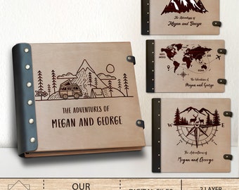 May include: Three digital files for laser cutting a wooden photo album cover. The cover features a mountain scene with a camper van, a tent, and the text "The Adventures of Megan and George".