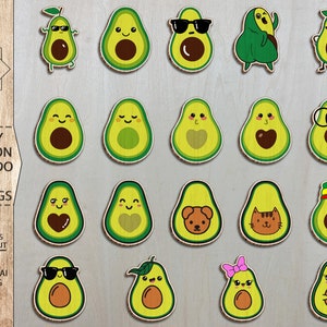 May include: A set of 12 digital files for laser cutting avocado stud earrings. The designs feature cartoon avocados with various expressions, including sunglasses, hearts, and a cat.