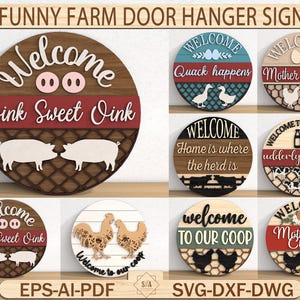 Funny Farm Door Hanger Sign File SVG, Welcome Farm Animals cut file,  Round door hanger svg, Farmhouse sign svg, Glowforge, Digital download