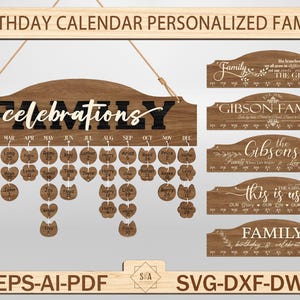 Calendrier d'anniversaire personnalisé famille Svg, plaque d'anniversaire cadeau de pendaison de crémaillère, calendrier de famille en bois, cadeau de famille, anniversaires et anniversaires