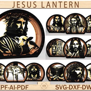 Può includere: Una collezione di lanterne di Gesù in legno con vari disegni. Una lanterna raffigura Gesù che tiene un agnello, altre raffigurano scene religiose e testo. Le lanterne sono tagliate al laser con dettagli intricati, adatte all'arredamento.