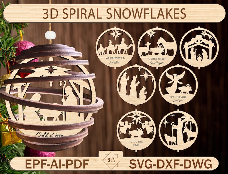 Puede incluir: Un conjunto de ocho dise&ntilde;os de copos de nieve en espiral 3D con un tema de la natividad. Los dise&ntilde;os incluyen frases como "Wise Men Still Seek Him", "O Holy Night", "Let His Light Lead You" y "Joy to the World".