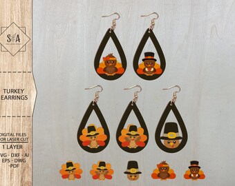 Turkey Earrings Bundle  SVG , Thanksgiving Earrings , Laser Earrings Files , Glowforge Files , Turkey Studs Earrings SVG