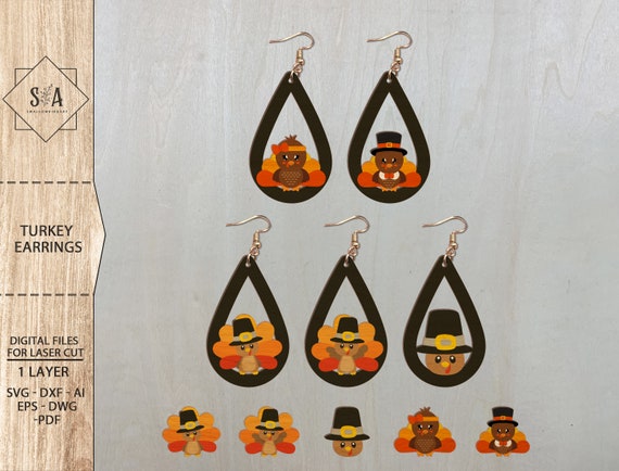 Turkey Earrings Bundle  SVG , Thanksgiving Earrings , Laser Earrings Files , Glowforge Files , Turkey Studs Earrings SVG
