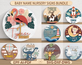 May include: A bundle of baby name nursery signs. The signs are round and feature various designs, including a flamingo, a rocket, a deer, a lighthouse, a bear on a moon, a hot air balloon, a dinosaur, a giraffe, and a whale. Each sign includes a name and the word "Bright".