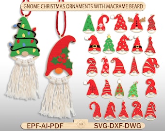 May include: Wooden Christmas gnome ornaments with macrame beards. The ornaments feature various designs, including Christmas trees and gnome hats in red and green. The text "GNOME CHRISTMAS ORNAMENTS WITH MACRAME BEARD" is at the top.